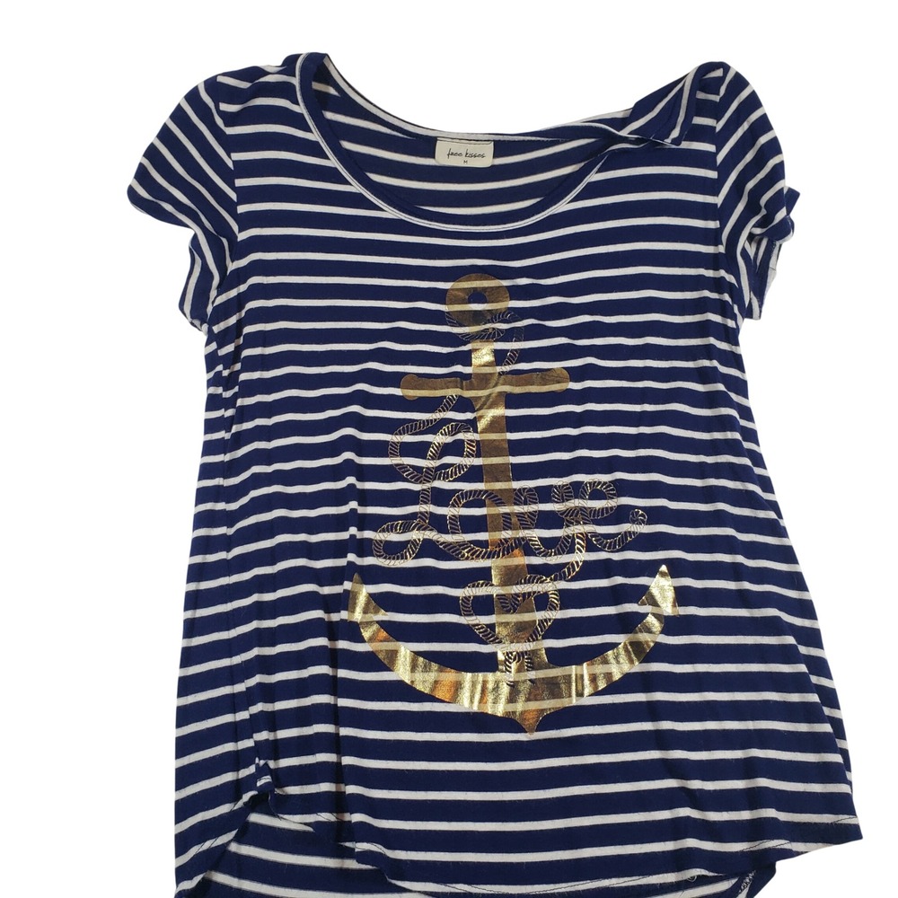 Face Kisses Women's Striped Anchor Graphic T-Shirt Navy Blue White Gold‎ Size M